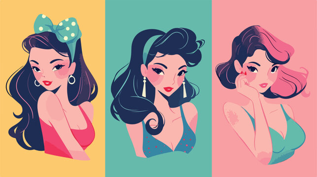 Vector portraits of vintage girls in pin-up style c