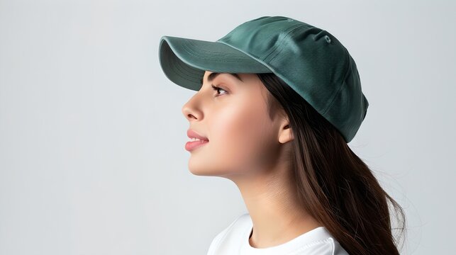 Young Woman in a Green Baseball Cap Looking Upward. Profile View, Neutral Background. Fashionable Headwear for Casual Style. AI