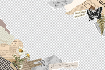 Collage frame isolated on transparent background. Torn newspaper, retro flower, butterfly stamp, rip notebook sheets, handwriting quotes, craft notepaper, old grunge paper. Trendy retro style - obrazy, fototapety, plakaty
