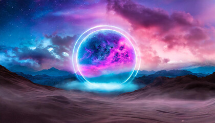 Abstract magical round energy sphere. Glowing ball. Neon blue and pink clouds. Fantastic landscape.