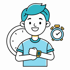 Smiling guy uses electronic wristwatch