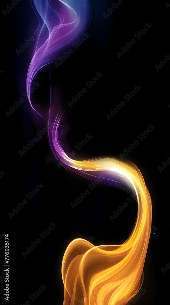 Wall mural A ray of light, purple to yellow fading from left to right, half purple, half yellow-white, curved, dark background