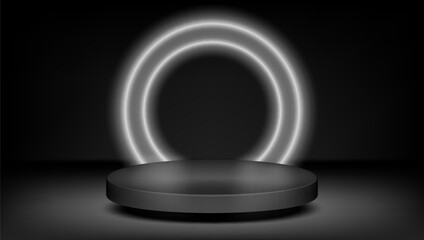 3D Black Podium With White Neon Ring Light
