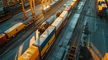 Containers being unloaded from a freight train at a  AI generated illustration