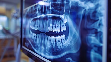De-focused image of a panoramic dental x-ray on a mo  AI generated illustration - obrazy, fototapety, plakaty