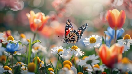 Fototapeta na wymiar Delicate brushstrokes bring to life a stunning butterfly amidst a garden of daisies and tulips AI generated illustration