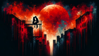 A dramatic urban scene at dusk featuring a silhouette of a couple kissing on a fire escape. The background is a vibrant, textured splash - obrazy, fototapety, plakaty