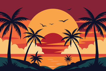 Fototapeta na wymiar Summer tropical background with palms and sunset vector