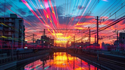 Electric cables ablaze with intense colors casting a AI generated illustration