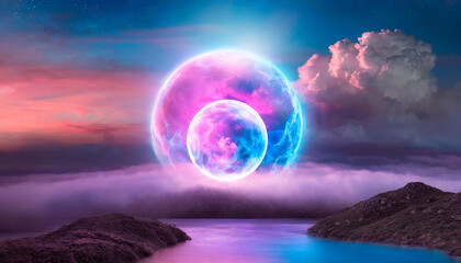 Abstract magical round energy sphere. Glowing ball. Neon blue and pink clouds. Fantastic landscape.