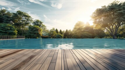 Empty wooden deck overlooking a sparkling swimming p  AI generated illustration