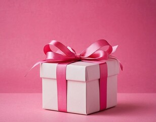 Obraz premium Gift box with pink ribbon on pink background. Holiday concept.
