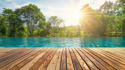 Empty wooden deck overlooking a sparkling swimming p AI generated illustration