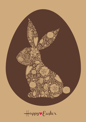 Floral black silhouette of an Easter Bunny in chocolate Easter egg. Cute vector illustration. - 776036761