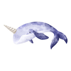Watercolor whale. Fishes and the underwater world. Cute baby illustration on isolated background