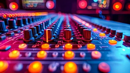 Close up of dj hands playing music on mixer console at nightclub