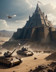 A cinematic depiction of tanks and aircraft advancing towards a grand desert fortress under a clear sky. - obrazy, fototapety, plakaty