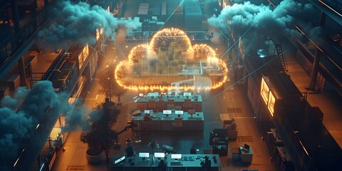 Aerial View of a Cloud Network Superimposed on a Busy Tech Office Representing Digital Workflow in a Futuristic Metropolis Skyline at Night - obrazy, fototapety, plakaty