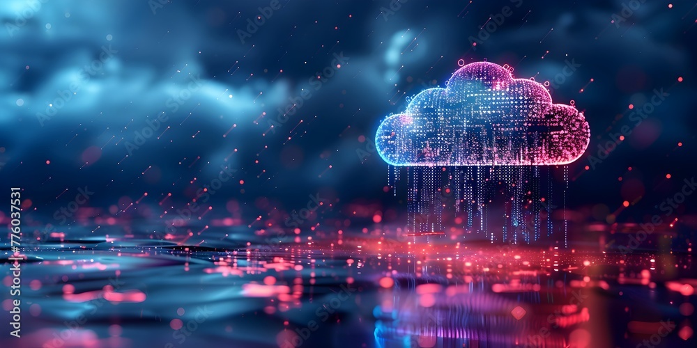 Poster seamless cloud backup visualized through flowing binary data and glowing neon aesthetic