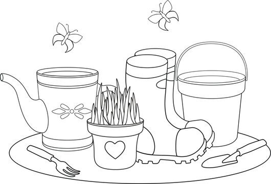 Gardening, composition of gardening tools. Rubber boots, bucket, watering can for watering plants, shovel, pot with plants - vector linear picture for coloring. Outline