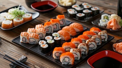 Big set of rolls and sushi on woden table, cafe, soy sauce, salmon, japanese food, cuisine, fish, rice, sushi bar