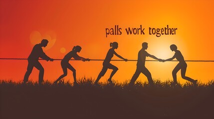 Silhouetted figures pulling rope at sunset, depicting teamwork. Simple illustration of cooperation and unity in action. Perfect for motivational themes. AI