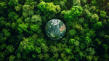 Obraz na płótnie Canvas Aerial top view green forest with earth, Green planet in your hands, Save Earth, Texture of forest view from above ecosystem and healthy environment.