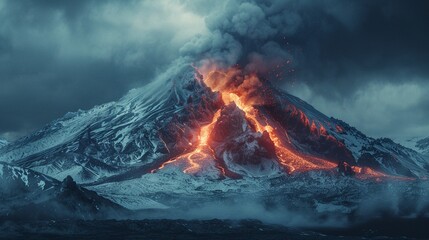 Snowcapped mountain with an active volcano, the cold meeting the fire  ,high resulution,clean sharp focus - obrazy, fototapety, plakaty