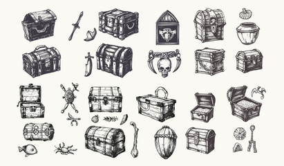 Vintage Treasure Chest Engraving Vector Set: Retro Halftone Sketches for Posters, Banners & Cards - Classic Nautical Illustrations, Dotted Ink Art