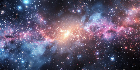 Fototapeta na wymiar Vibrant Galaxy in Space with Bright Blue and Red Stars and Nebula Background on Black Sky