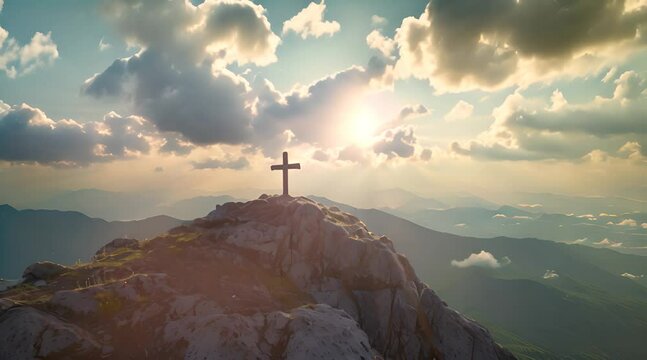 Cross at the top of a Mountain with Sunlight Breaking through the Clouds. Inspirational Christian Image