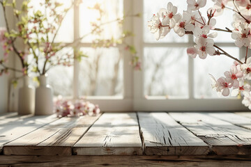 White wood table with large spring window and copy space - obrazy, fototapety, plakaty