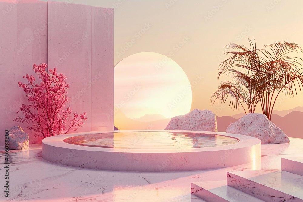 Wall mural pink minimalist round stage in water