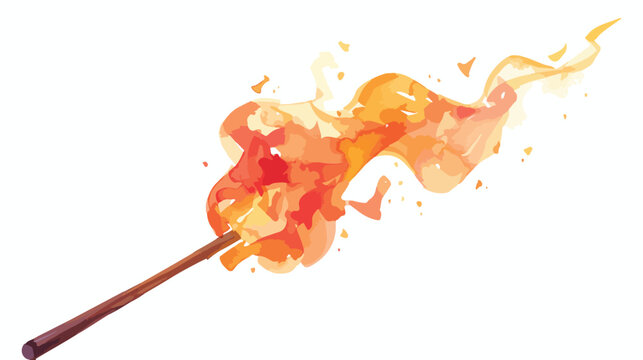 Watercolor burning match stick on the white backgro