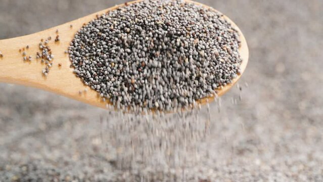 A background of poppy seeds, with a handful of poppy seeds spilling out from the wooden spoon in the foreground.