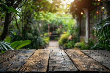 selective focus. wood table counter on blur green garden garden from window view background