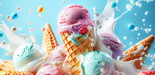 color ice cream balls with waffle cone,