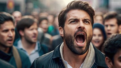 a man passionately speaking into a megaphone amidst a bustling crowd, with a blurred background amplifying the intensity of his message and the energy of the scene - obrazy, fototapety, plakaty