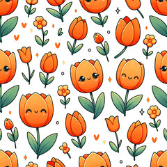 Orange tulips with eyes isolated on transparent background.. Floral pattern in cute cartoon style. Spring and Summer concept, background, wallpaper, card. Wonder and joy.