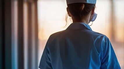 a nurse, her silhouette embodying dedication and compassion, against a softly blurred background hinting at the bustling activity of a hospital ward