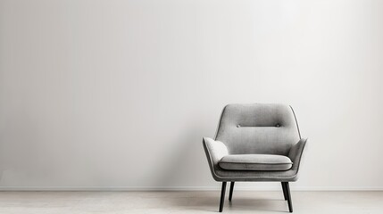 Modern minimalist interior design with a stylish grey armchair. Ideal for contemporary home decor and office spaces. Clean, elegant, and simple. Perfect for stock photography. AI