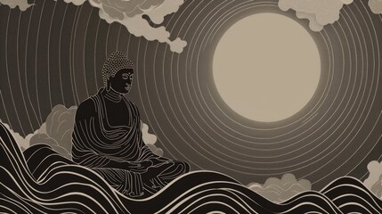 Buddha in Meditation with Radiating Aura Illustration - obrazy, fototapety, plakaty