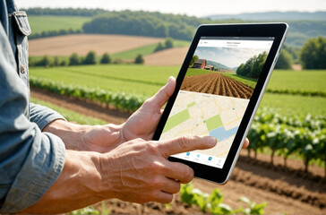 Farmer hold tablet in field amidst the rural countryside