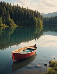 Naklejka na ściany i meble Gentle dawn light bathes a wooden rowboat moored by a calm, clear mountain lake surrounded by dense forest