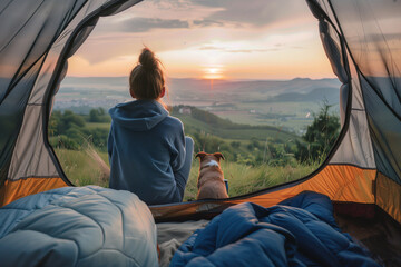Young woman sitting in a tent with a sleeping bag and dog watching the view of a valley at sunset. Vibrant color photography. Wide angle lens. Beautiful The photo was taken from behind the girl's head - Powered by Adobe