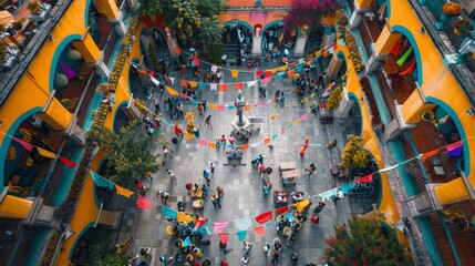 Bird's-Eye View of a Busy Plaza in Mexico, Decorated with Vibrant Pennants and Lush Greenery