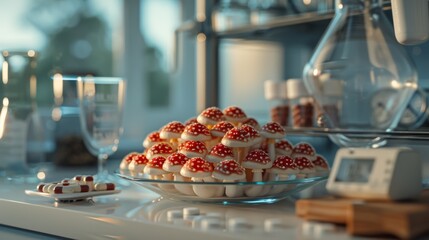 Fototapeta premium Artistic arrangement of Amanita muscaria mushrooms resembling a patisserie display under lab lights
