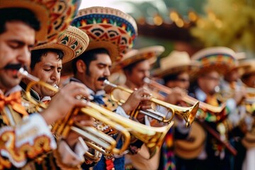 Mariachi Musicians in Traditional Attire Playing Trumpets with Passion During a Festive Mexican...