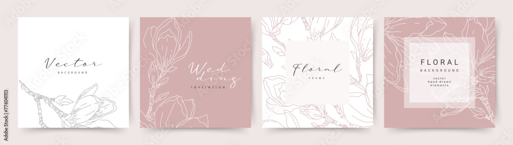 Sticker pink abstract backgrounds with hand drawn floral elements of minimal line art. vector design templat