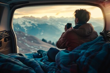A man sitting in the trunk of his car, holding coffee and looking at mountains through an open window with blue blankets on him, camping gear inside, sunset light - Powered by Adobe